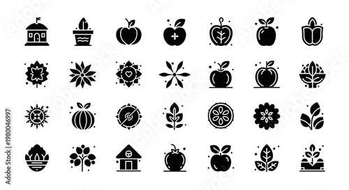Collection of stylized icons representing nature, agriculture, and healthy living