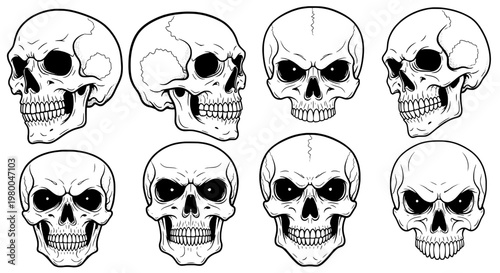 Skull head icon set with side and front views, detailed line art, monochrome vector sticker style for badges and tattoos