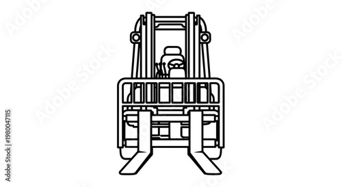 Black and white line drawing of a forklift from a front view.