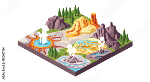 3D isometric view flat style illustration of Yellowstone National Park, geothermal landscape with geysers, mountains, forests, and water features, park environment and volcanic terrain