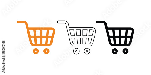 Three Shopping Cart Icons: Orange, Outline, and Black Silhouette for E-commerce and Retail
