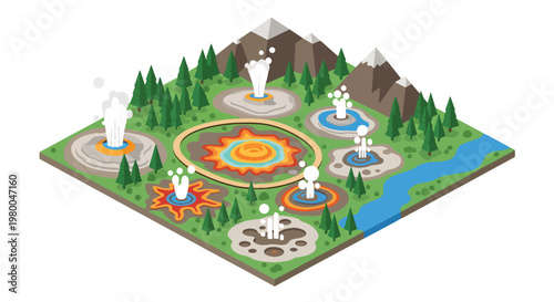 3D isometric view flat style illustration of Yellowstone National Park, geothermal landscape with geysers, mountains, forests, and water features, park environment and volcanic terrain
