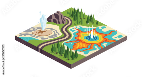 3D isometric view flat style illustration of Yellowstone National Park, geothermal landscape with geysers, mountains, forests, and water features, park environment and volcanic terrain