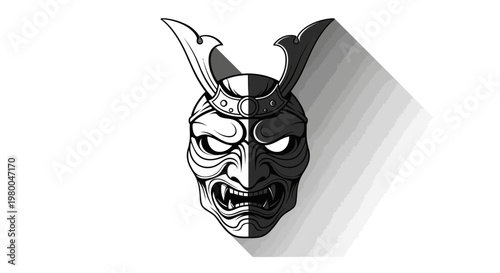 Traditional Japanese Oni Mask with a Dramatic Shadow.