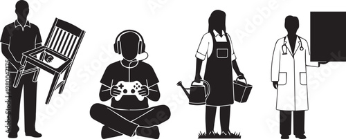 Four distinct professions illustrated in a minimalist black and white style