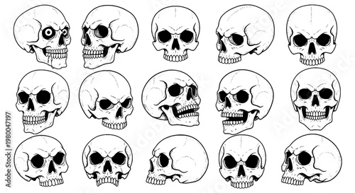 Skull head icon set with monochrome line art, cartoon faces, hollow eyes and vintage grunge style for Halloween designs