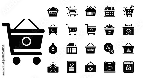 Collection of shopping cart and basket icons representing e-commerce and retail activities
