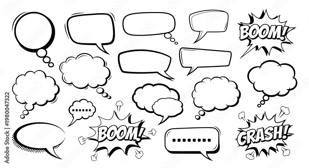 Fototapeta premium Speech bubbles comic set with doodle smoke clouds and impact sounds BOOM and CRASH for speech icons featuring conversation, communication, dialogue