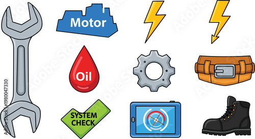 Set of Mechanical and Maintenance Icons Featuring Wrench, Oil, Motor, System Check, and Gear for Repair, Maintenance, and Engineering Projects