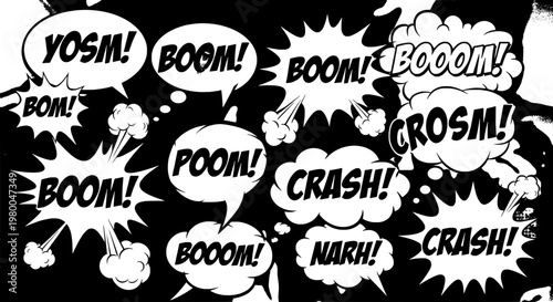 Sound effects comic book style with dynamic speech bubbles and impact words featuring boom, crash, explosion with onomatopoeia and graphic design
