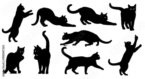 Cat silhouettes sitting and walking set of small domestic felines for stickers, icons, and logo design