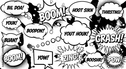 Speech bubbles comic explosion set with onomatopoeia sounds like BOOM POW ZING CRASH and THWESING for stickers