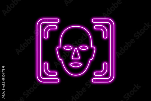 Neon face recognition icon biometric scan technology glowing pink futuristic security digital identification concept