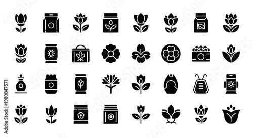 Collection of stylized icons representing flowers, seeds, and gardening supplies