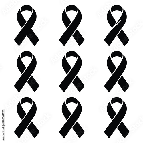 Black awareness ribbons on white background for various causes and support