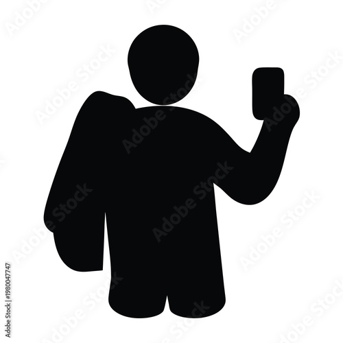 Silhouette of a person taking a selfie with a mobile phone and carrying a bag