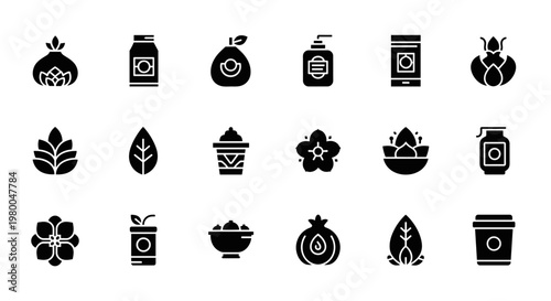 Collection of black icons representing natural ingredients and products