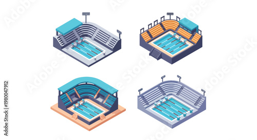 3D isometric view flat style illustration of indoor swimming pool arenas with diving platforms, spectator seating, and competition lanes, designed for professional aquatic sports events