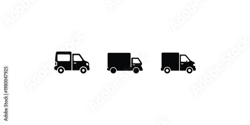 Three black silhouette icons of small delivery vehicles on a white background
