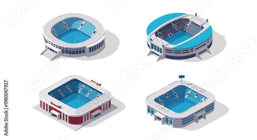 3D isometric view flat style illustration of indoor swimming pool arenas with diving platforms, spectator seating, and competition lanes, designed for professional aquatic sports events