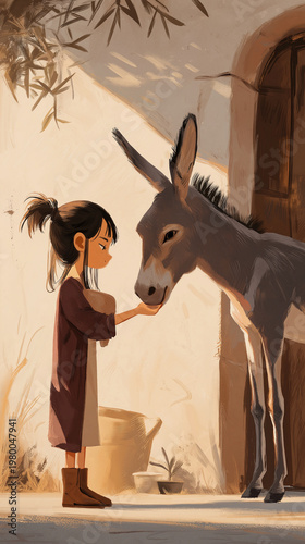 Young girl feeding a donkey in a rustic setting during daylight