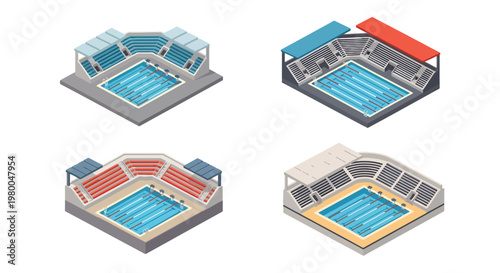 3D isometric view flat style illustration of indoor swimming pool arenas with diving platforms, spectator seating, and competition lanes, designed for professional aquatic sports events