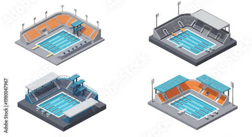 3D isometric view flat style illustration of indoor swimming pool arenas with diving platforms, spectator seating, and competition lanes, designed for professional aquatic sports events
