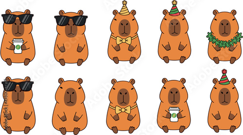 Cute capybara character collection wearing accessories and seasonal outfits funny animal cartoon vector illustration set isolated
