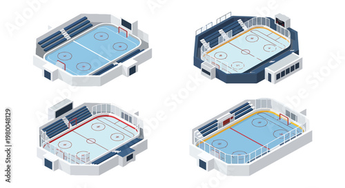 3D isometric view flat style illustration of ice hockey arenas with rink layout, seating sections, and modern indoor stadium design for winter sports competitions