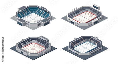 3D isometric view flat style illustration of ice hockey arenas with rink layout, seating sections, and modern indoor stadium design for winter sports competitions