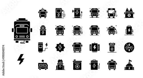 Collection of electric vehicle charging stations and bus icons