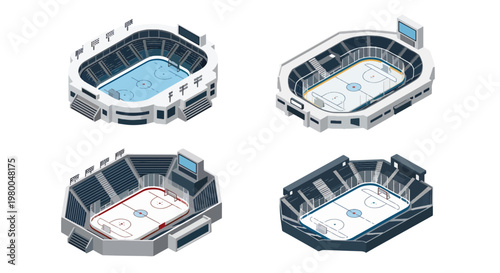 3D isometric view flat style illustration of ice hockey arenas with rink layout, seating sections, and modern indoor stadium design for winter sports competitions