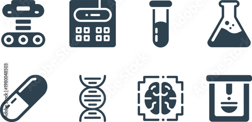 Set of dark laboratory equipment and medical science icons for chemistry research and pharmaceutical studies