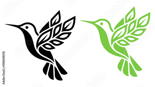 Black and green hummingbird silhouettes with leaf wings dual color hummingbird silhouette stylized environment wildlife