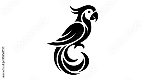 Stylized black silhouette of a sitting parrot with silhouette tropical decoration stylized minimalist isolated background