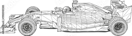 Formula racing car low poly wireframe design with detailed geometric structure high speed motorsport vehicle line illustration