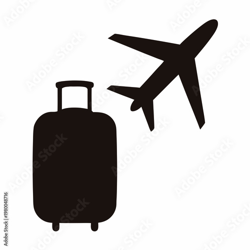 Black and white image depicting air travel and luggage transportation icon