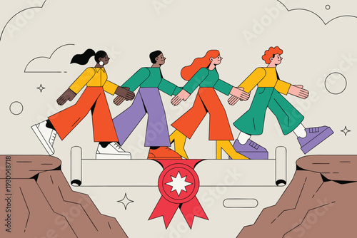 Diverse business professionals walking across a colorful bridge to symbolize corporate connection and overcoming future obstacles