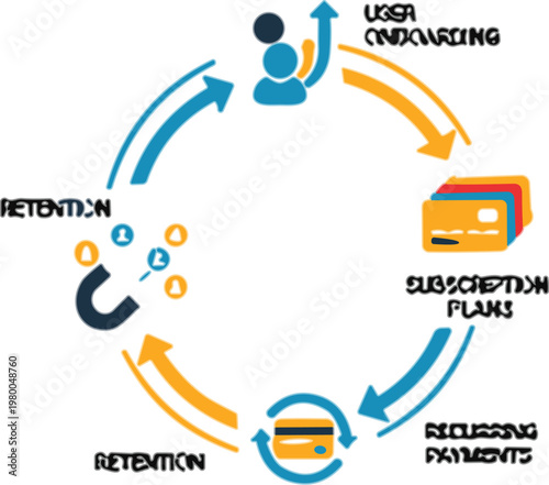 Customer lifecycle marketing funnel diagram with user onboarding, subscription plans, recurring payments and retention process flow illustration for business strategy design