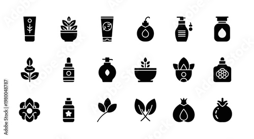 Collection of natural cosmetic and skincare icons with botanical elements