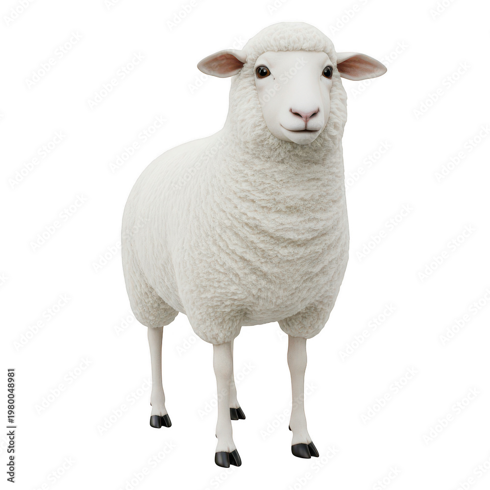 Fototapeta premium Standing white sheep with thick woolly coat isolated on a transparent background