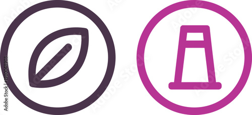 Two circular icons featuring a simple leaf and a factory cooling tower representing environmental energy contrasts