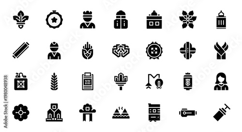 Collection of diverse black glyph icons representing various concepts and objects