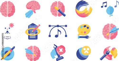 Creative brain activity and cognitive skills vector icons set with imagination learning music art thinking psychology and intelligence concept illustration