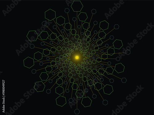 Colorful hexagons radiating from a central point