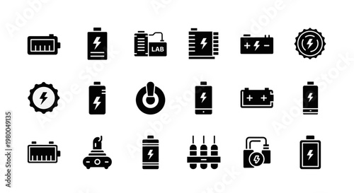 Collection of various battery and power icons in a clean, modern, black and white style