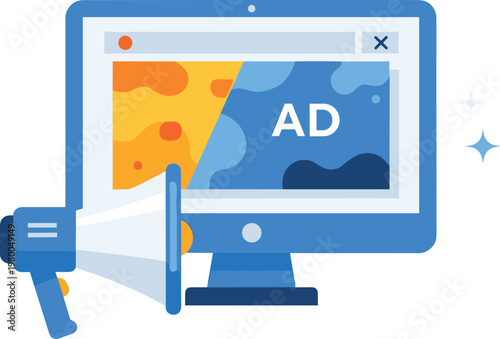 Digital advertising monitor with megaphone and browser window showing abstract banner advertisement.