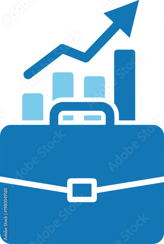 Briefcase with rising financial chart and bar graph symbol for corporate growth and profit success.