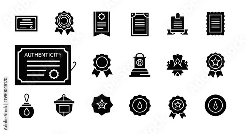 Collection of certification and award icons representing quality and authenticity