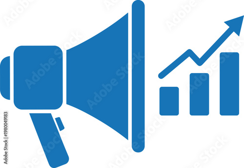 Digital marketing megaphone and growth chart with arrow pointing up for business promotion and success.